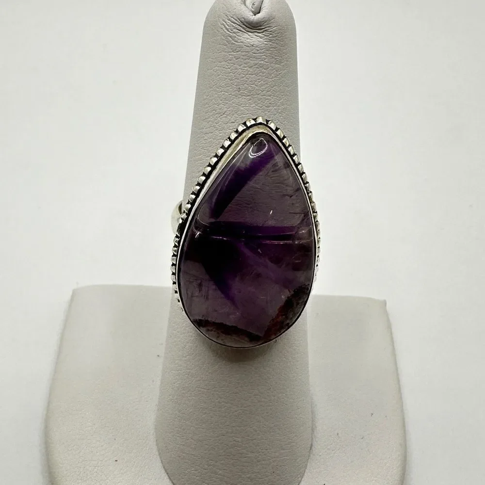 16x26mm Pear‎ cut Trapiche Amethyst Cabochon ring in plated 925!